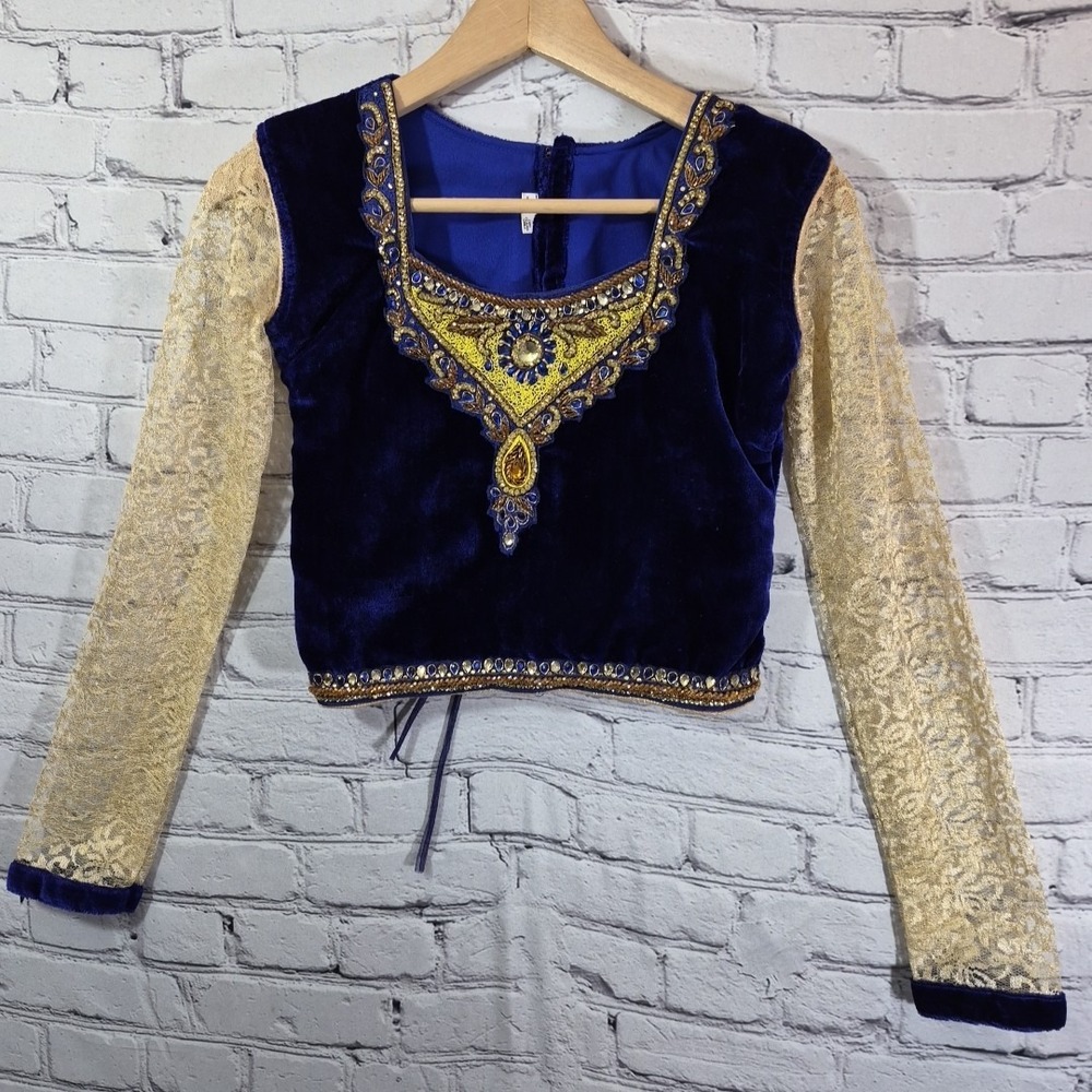 Ren‎ Faire Top Indian Bollywood Size S Royal Velvet Beaded Jeweled Lace-Up Back